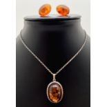 2 pieces of amber jewellery. An oval pendant set in a silver rope detail mount, on an 18" fine