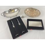 A small collection of silver plate items to include boxed champagne flutes and trinket box with