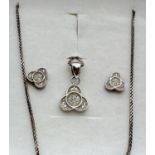 A 925 silver trefoil design pendant necklace with matching stud earrings, set with small diamonds.