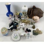 A box of assorted misc items to include Poole pottery dolphin, brass horse figure, resin dog