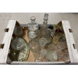 A box of assorted vintage glass ware, to include decanters, liqueur glasses and bud vases.