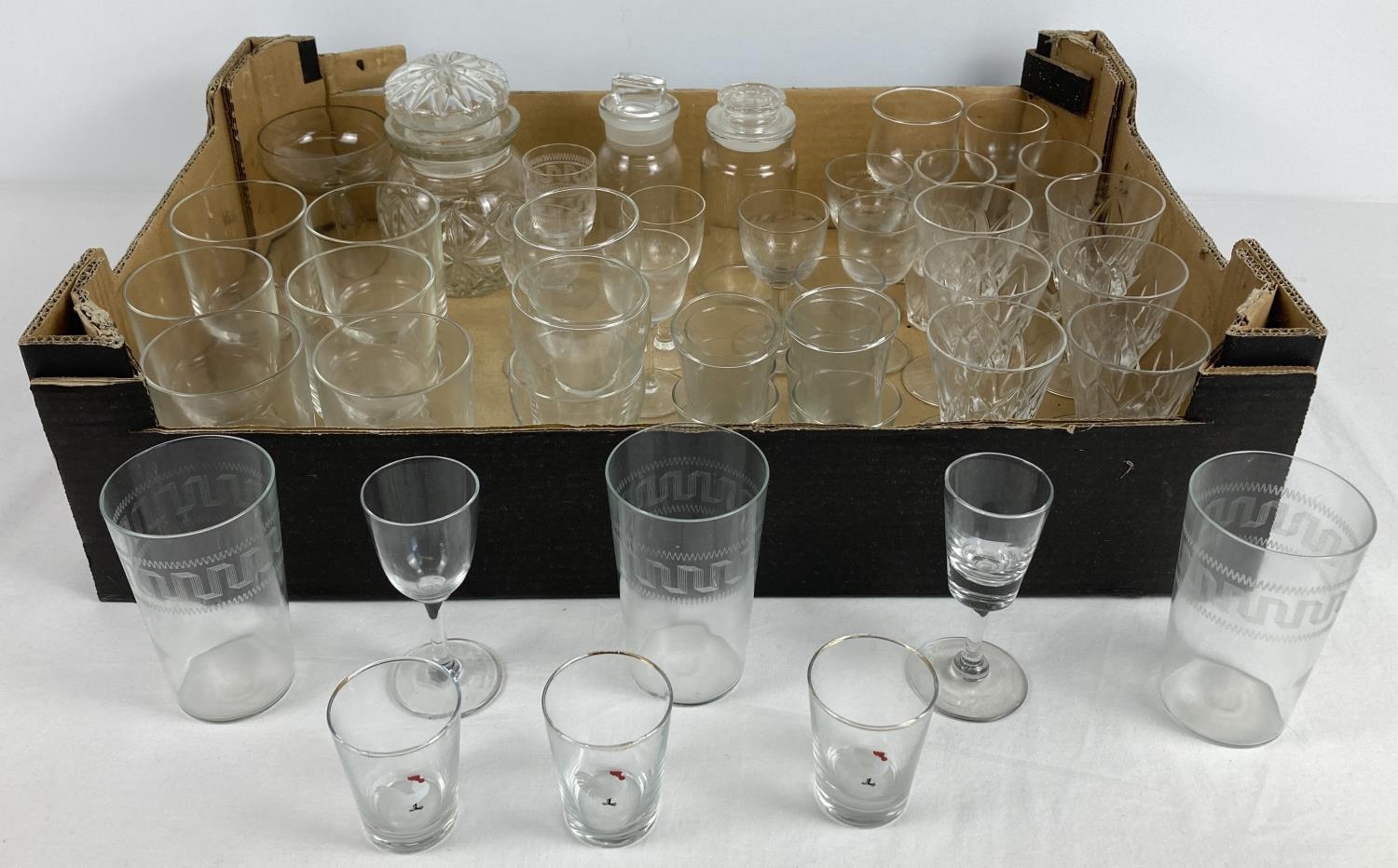 A box of assorted vintage and Edwardian glasses, to include sets, some etched.