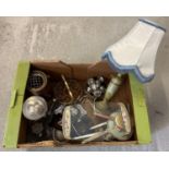 A box of assorted vintage wooden, metal and glass items. To include table ware and vanity items.