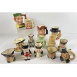A collection of 14 assorted small and medium sized ceramic character jugs. To include: Falcon