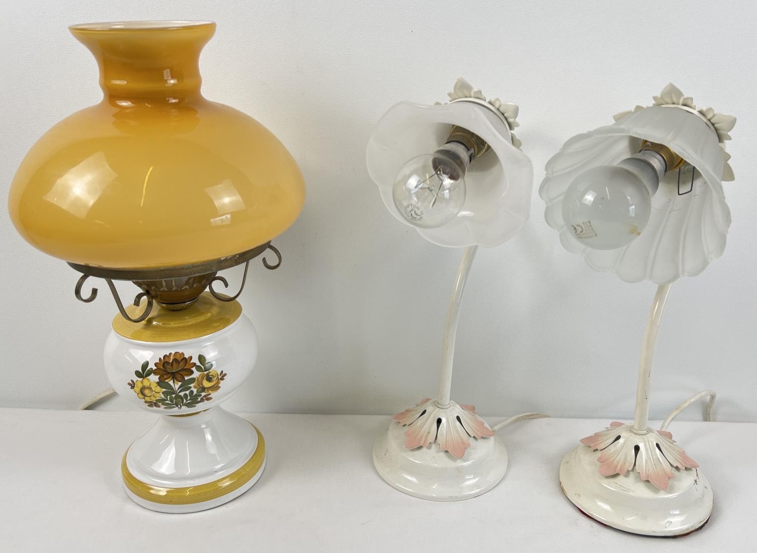 3 vintage table lamps to include a pair of metal based bedside lamps of floral design with glass