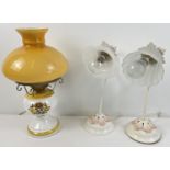 3 vintage table lamps to include a pair of metal based bedside lamps of floral design with glass