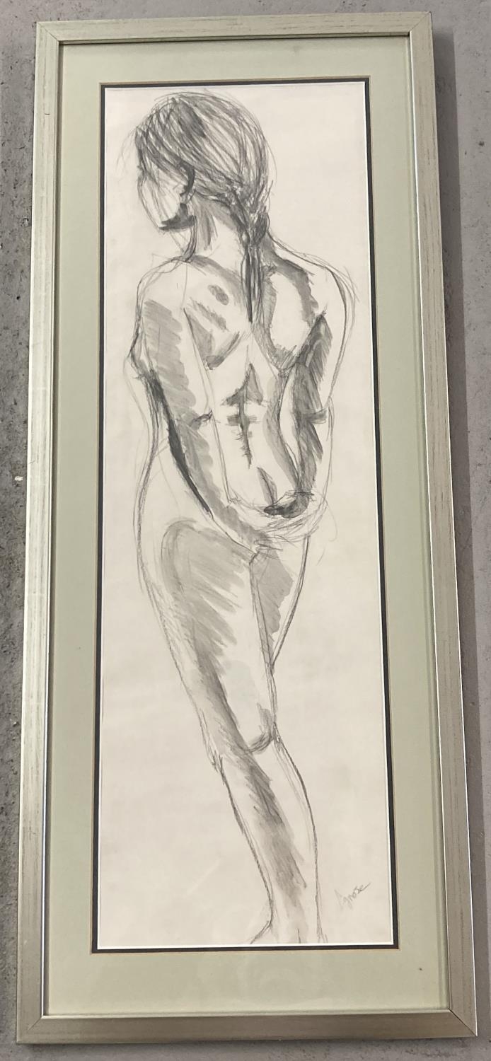 A framed and glazed nude pencil & watercolour sketch, with indistinct signature to lower right.