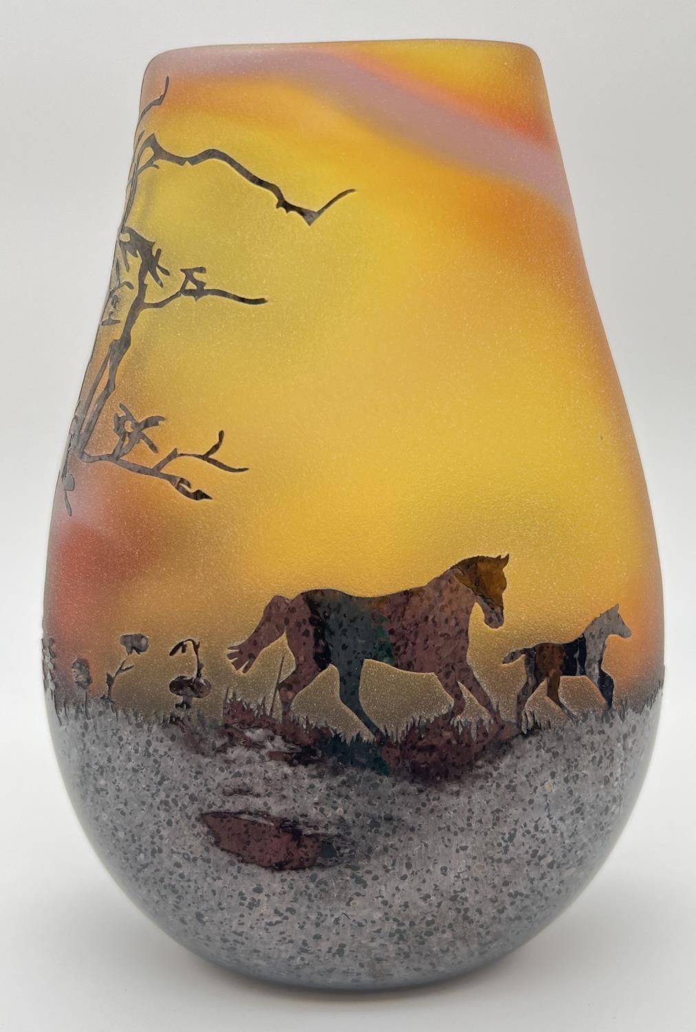 An Ed Burke, E & M studio glass Country Scene vase in orange colours featuring horses. Approx. 16. - Image 2 of 5