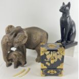 3 large ornamental items. A heavy resin elephant and baby ornament (tusks a/f), a Chinese black