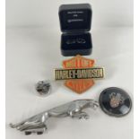 A vintage chrome Jaguar car mascot together with a small collection of misc items. To include
