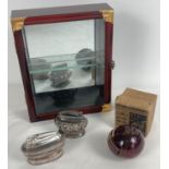 A small collection of misc. items. Comprising: a small wooden mirror backed display cabinet, 2