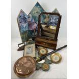 A collection of assorted vintage & antique items. To include wooden framed mirror with floral & gilt