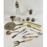 A collection of vintage silver & silver plated items to include a silver topped cut glass vanity
