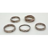 5 assorted silver band style rings, all stamped 925 inside band. To include a 3 band Russian wedding