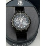 A boxed men's Citizen Eco Drive WR200 Skyhawk 040141 chronograph wristwatch. Black stainless steel