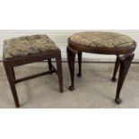 2 antique dark wood framed stools with needlepoint upholstered seats. An oval stool with cabriole
