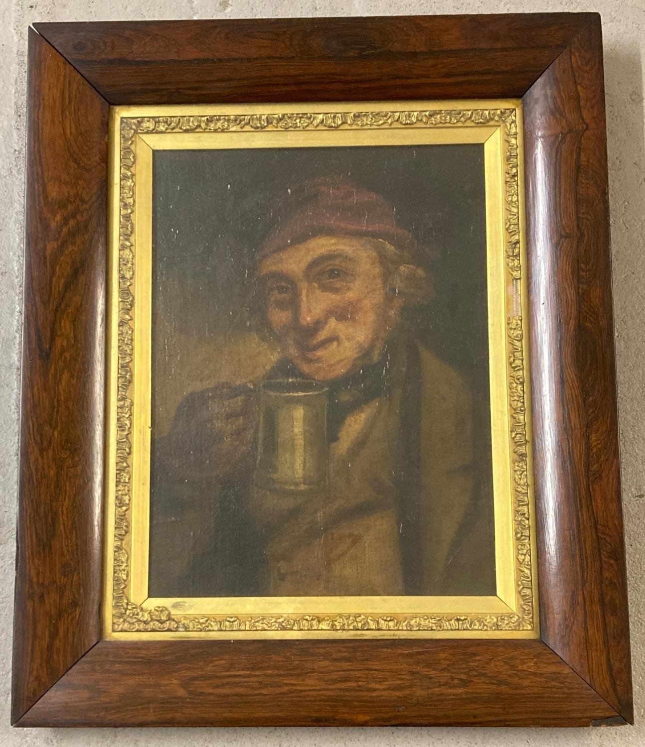 A 19th century oil painting of a Dutch gentleman drinking from a tankard. In dark wood frame and