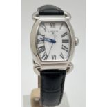 A ladies Links Of London wristwatch with black leather strap. Square shaped stainless steel case