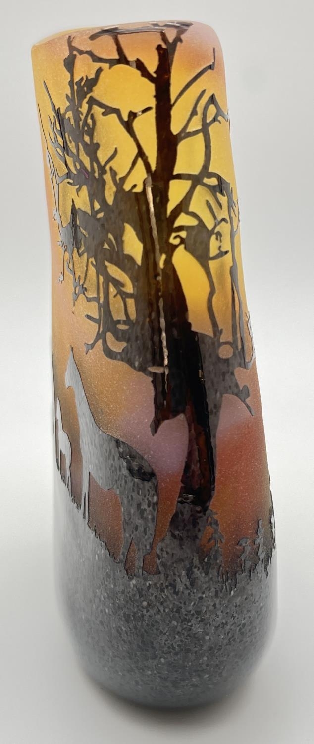 An Ed Burke, E & M studio glass Country Scene vase in orange colours featuring horses. Approx. 16. - Image 5 of 5