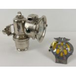 A vintage metal cycle lamp by Lucas together with a vintage car AA badge 3E11048. Lamp approx.