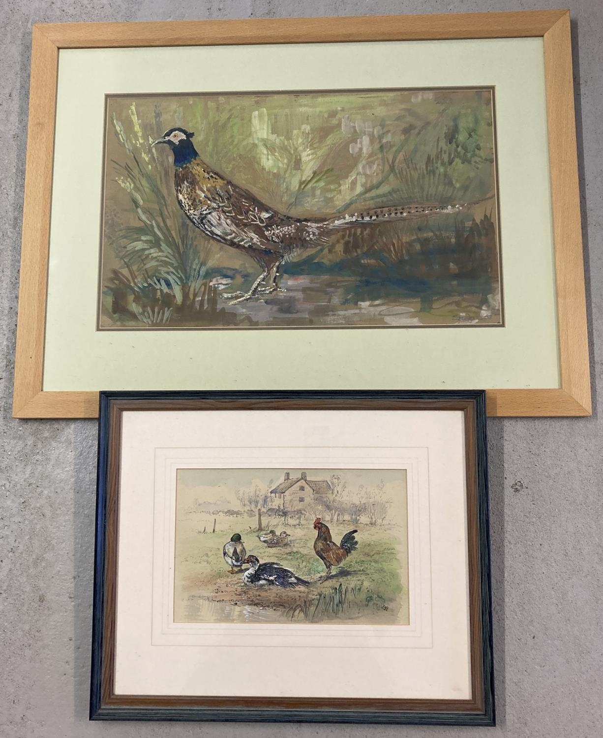 2 framed and glazed watercolours of fowl. A signed farmyard scene of ducks & a chicken by the