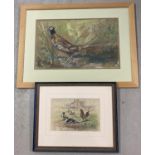 2 framed and glazed watercolours of fowl. A signed farmyard scene of ducks & a chicken by the