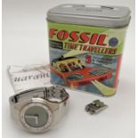 A Sport Line mens wristwatch by Fossil in original retro style tin. Stainless steel strap and case