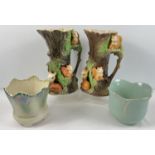 2 large ceramic Withernsea Eastgate pottery "fauna" jugs together with 2 vintage ceramic plant pots.