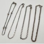 4 x 7" silver chain bracelets, in different chain styles, with spring ring clasps. Each stamped