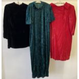 3 vintage velvet dresses. A 1960's style red velvet cocktail dress, a black long sleeve mini dress