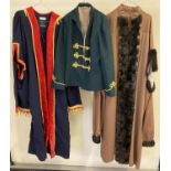 2 vintage theatre costume full length capes together with a coat with metallic thread detail.