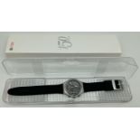 A boxed limited edition UBS 150 year anniversary Irony Swatch watch SR936SW. Aluminium cased
