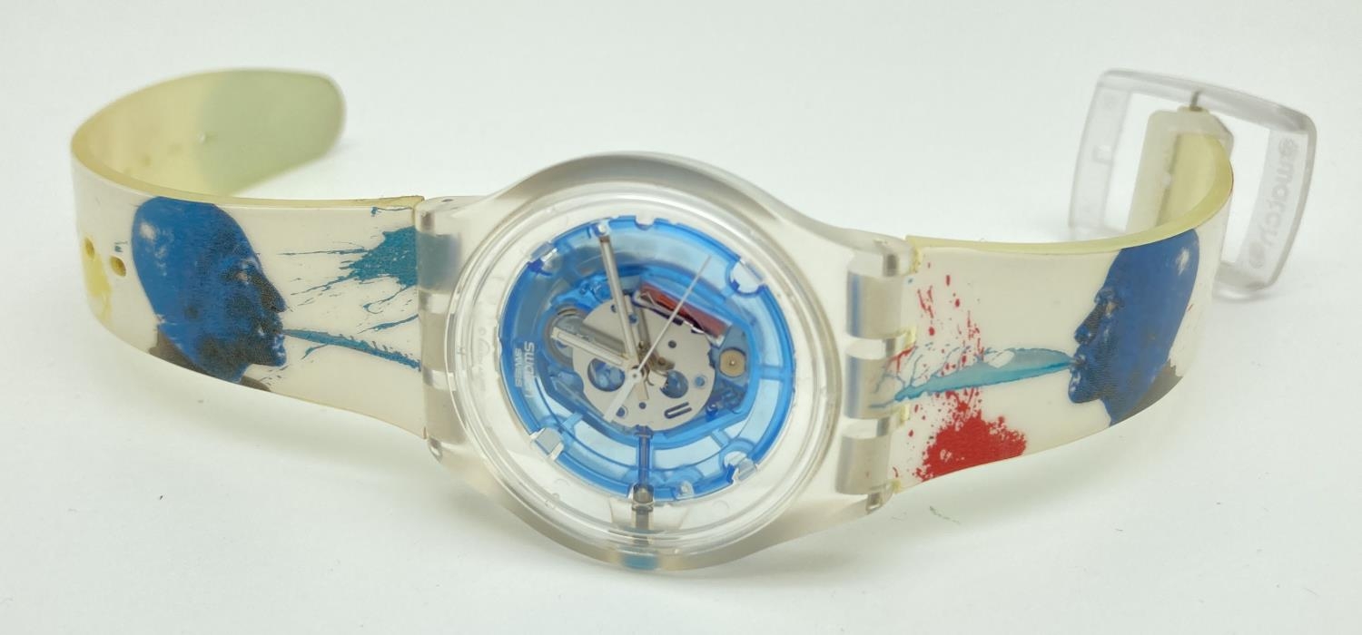 A limited edition Blue Man Group Swatch Watch SR626SW #614. With skeleton style face and colourful - Image 3 of 4