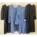 4 vintage theatre costume long sleeved dresses in blue and black colours.