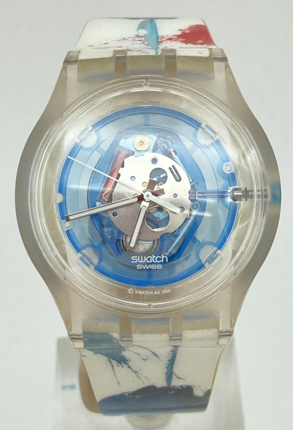 A limited edition Blue Man Group Swatch Watch SR626SW #614. With skeleton style face and colourful