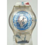 A limited edition Blue Man Group Swatch Watch SR626SW #614. With skeleton style face and colourful