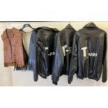 3 black faux leather jackets with 'T Birds' decoration to backs. Together with brown leather and