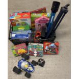 A box of assorted toys, games, puzzles and remote control cars. To include: Mega Bloks game, 3D