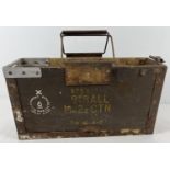 A 9mm wooden field magazine ammo box with painted, stencilled markings. Approx. 22 x 41 x 12cm,