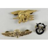 3 modern pin back US military badges to include US Special Forces and Navy Seal insignia's.