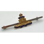 A 9ct gold and silver Royal Artillery sweetheart bar brooch. Bar marked "Silver" and back of Royal