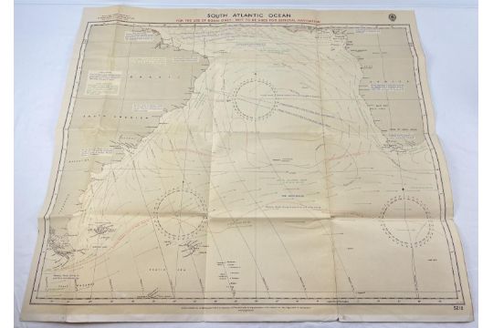 A WWII linen backed Admiralty chart No. 5212 South Atlantic Ocean. Printed information to back - Image 1 of 5