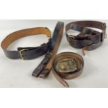 2 brown leather Sam Browne belts with shoulder straps together with 1 other leather belt. With brass