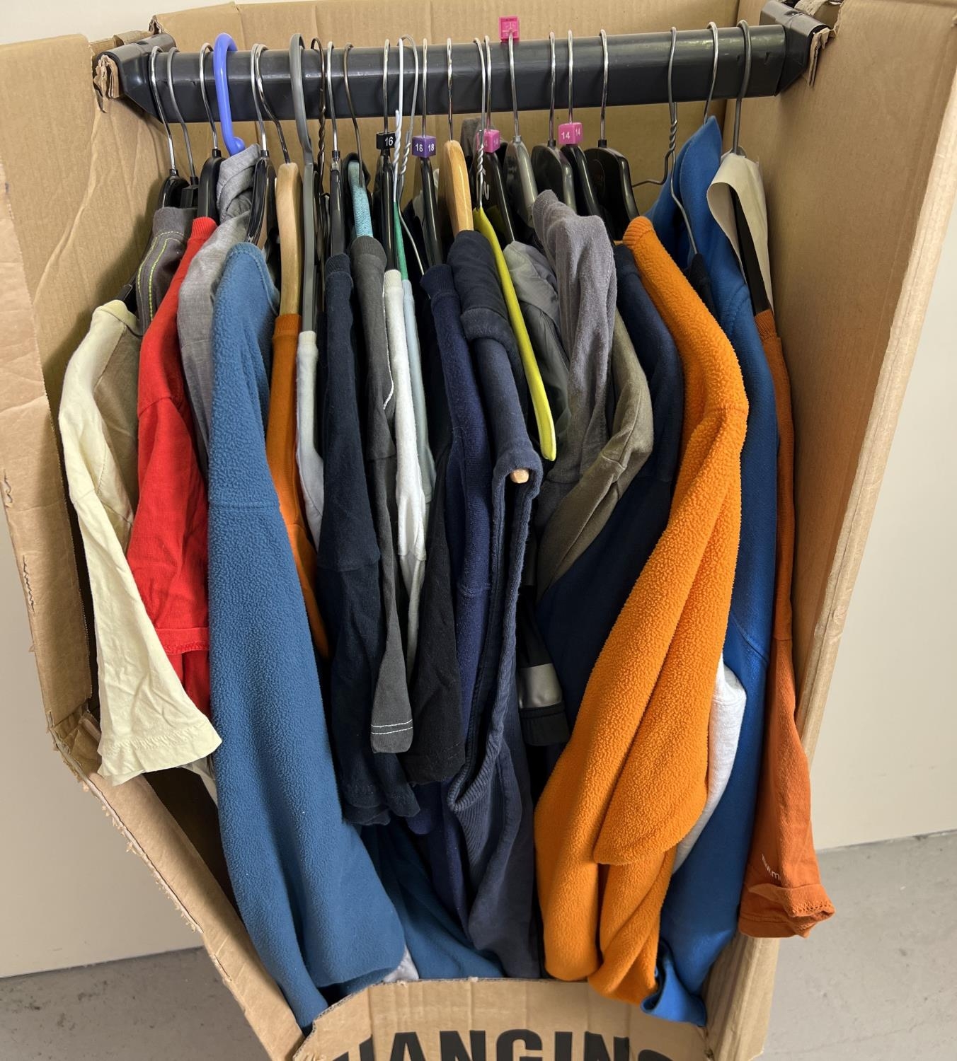 A wardrobe box containing 25 items of assorted men's clothing. To include South Shore, Le Coq