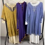 3 medieval style theatre costume long tunics to include one with beaded & metallic thread detail.