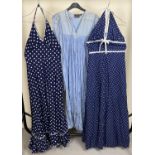 3 vintage 1970's dresses in shades of blue. To include 2 blue polka dot halter neck dresses, 1 by