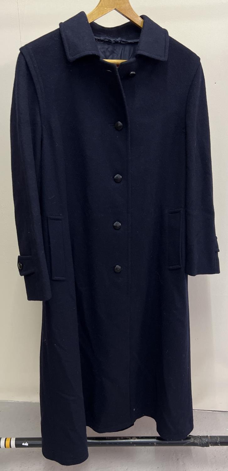 A navy blue full length Austrian Glockner Loden single breasted overcoat. Size 36.