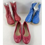 2 pairs of new bright coloured faux leather boots with faux fur lining. One red, one blue, both
