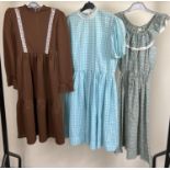 3 vintage dresses to include 1970's brown Prairie style dress by Dakri.
