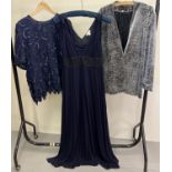 3 items of ladies evening wear. A silk navy blue short sleeve top with bead and sequin decoration (